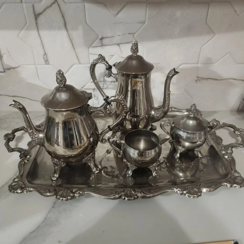 Vintage Silver Plated 5-Piece Tea Coffee Service Set with Large Serving‎ Tray
